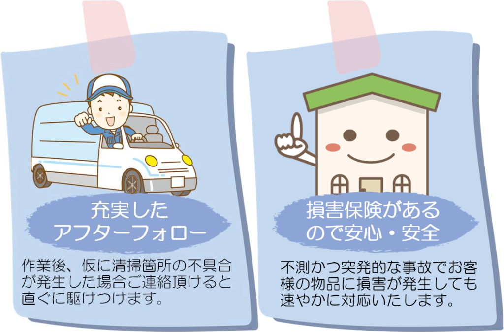 充実したアフターフォロー - 作業後、仮に清掃箇所の不具合が発生した場合ご連絡頂けると直ぐに駆けつけます