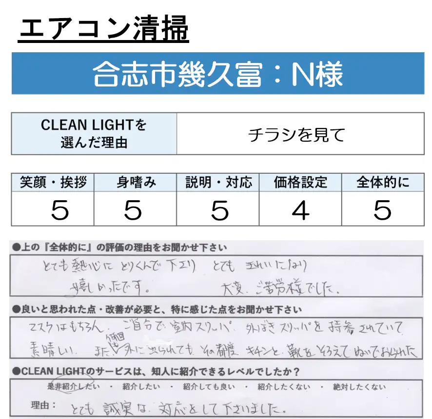 エアコン清掃 - N様のアンケート