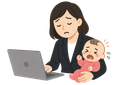 仕事に追われる親子のイラスト